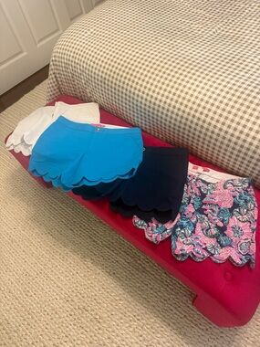 Lilly Pulitzer Scallop-Hem Shorts Set in White, Bright Blue, Navy & Pink Floral